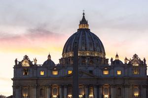 Banners with the official images of (l to r) Sister Irmã Dulce Pontes, Mother Giuseppina Vannini, John Henry Newman, who established seven tests to examine whether a development in doctrine is authentic development or whether it is a corruption, Mother Mariam Thresia and Marguerite Bays hang on the facade of St. Peter's Basilica on the evening of Oct. 12, the day before their canonizations.
Banners with the official images of (l to r) Sister Irmã Dulce Pontes, Mother Giuseppina Vannini, John Henry Newman, who established seven tests to examine whether a development in doctrine is authentic development or whether it is a corruption, Mother Mariam Thresia and Marguerite Bays hang on the facade of St. Peter's Basilica on the evening of Oct. 12, the day before their canonizations.