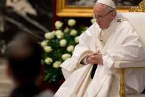 Pope Francis meditates during the Mass for the Missionaries of Mercy April 10.