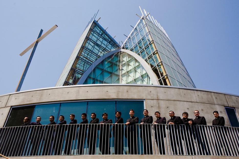 Seminarians pose last month at Oakland's new Cathedral of Christ the Light.