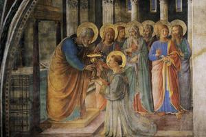 Fra Angelico, detail of Niccoline Chapel fresco depicting St. Peter consecrating St. Stephen (kneeling) and the other six first deacons.