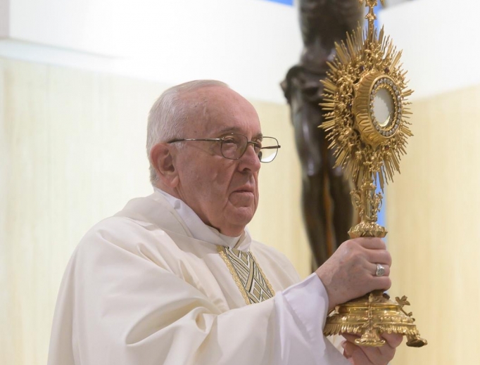 Pope Francis celebrates Mass from Casa Santa Marta on April 16, 2020. 