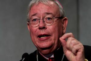 Archbishop Jean-Claude Hollerich of Luxembourg makes a point at a news conference at the Vatican Press Office on Oct. 10, 2018.