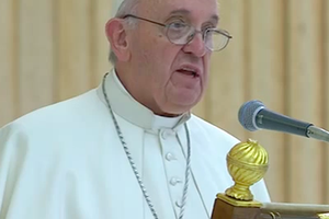 Pope Francis delivering his address at the Commemorative Ceremony for the 50th Anniversary of the Synod of Bishops