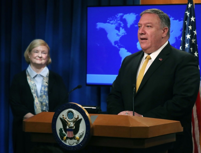 U.S. Secretary of State Mike Pompeo is joined by commission chair Mary Ann Glendon while announcing the formation of the new Commission on Unalienable Rights at a news conference at the Department of State on July 8 in Washington. 