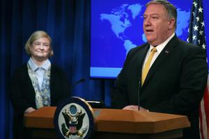 U.S. Secretary of State Mike Pompeo is joined by commission chair Mary Ann Glendon while announcing the formation of the new Commission on Unalienable Rights at a news conference at the Department of State on July 8 in Washington. 