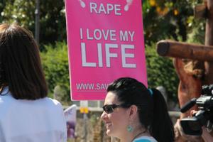 Mary Rathke speaks at Rome's March for Life on May 10.