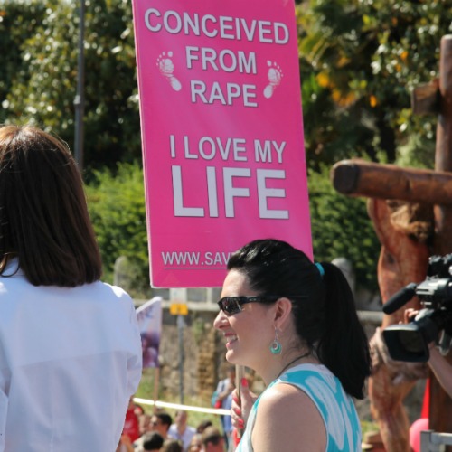 Mary Rathke speaks at Rome's March for Life on May 10.