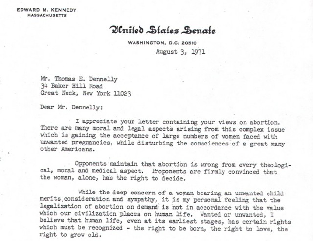 A photograph of a portion of the pro-life letter Sen. Edward Kennedy wrote in 1971. A photograph of a portion of the pro-life letter Sen. Edward Kennedy wrote in 1971.