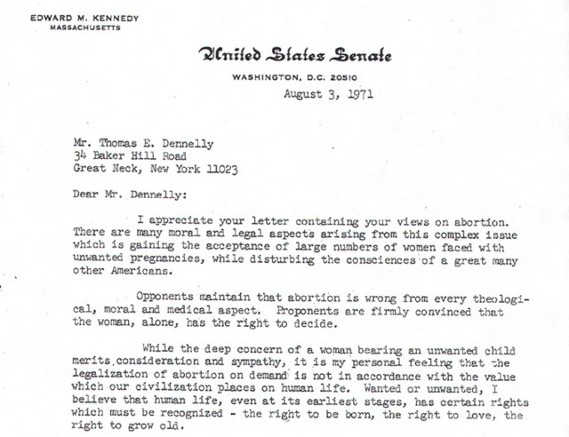 A photograph of a portion of the pro-life letter Sen. Edward Kennedy wrote in 1971.