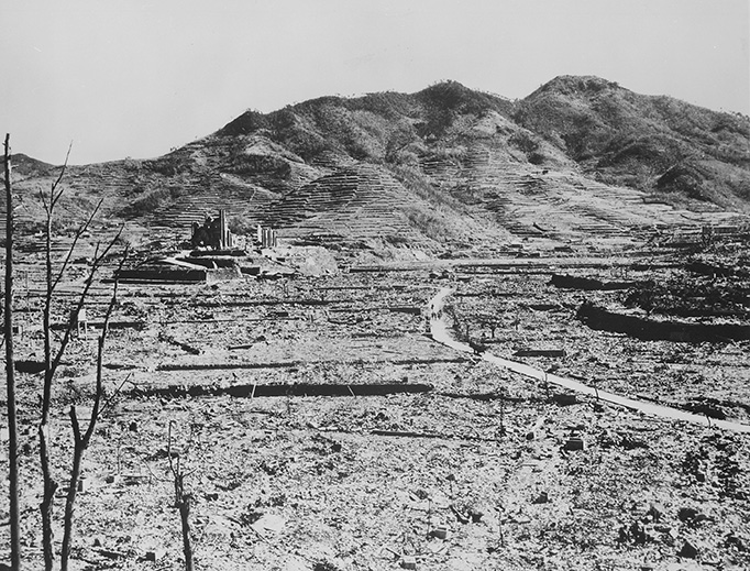 Nagasaki, the heart of Catholicism in Japan, lies in ruins following the bombing of the city on Aug. 9, 1945. The remnants of the Catholic cathedral can be seen near the hills on the left side of the picture.