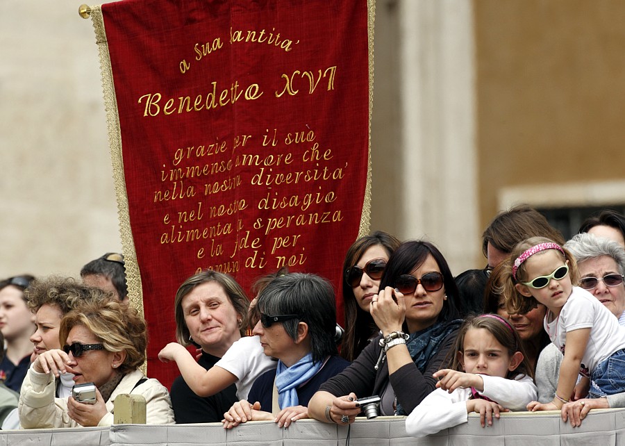 A sign of support for Pope Benedict XVI is seen during the pontiff's general audience in St. Peter's Square at the Vatican April 14. The sign thanks the Pope for "his immense love that nourishes hope and faith."