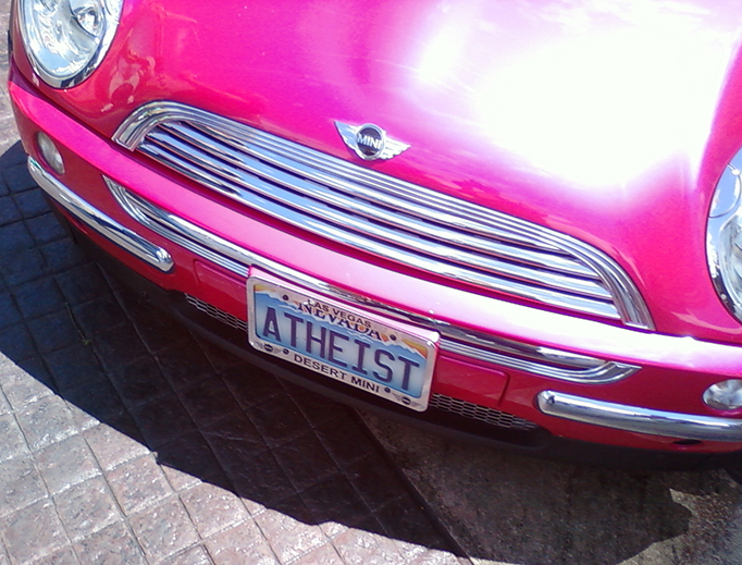 An “Atheist” vanity license plate is seen on Penn Jillette's Mini Cooper in Las Vegas.