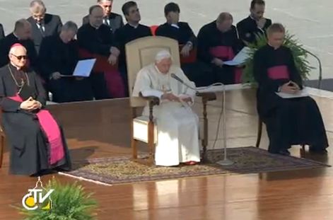 Pope Benedict XVI addressing pilgrims in St. Peter's Square during his weekly general audience, Oct. 10, 2012.