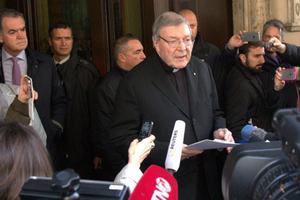 Cardinal George Pell meets with child sex abuse victims at the Hotel Quirinale in Rome on March 3, 2016.