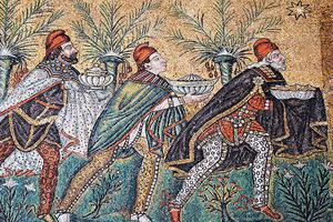 Detail of the 6th-century nave mosaic — which depicts the Three Magi wearing trousers and Phrygian caps as a sign of their Asian origin — in the Basilica of Sant' Apollinare Nuovo, Ravenna, Italy.