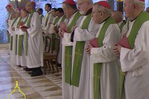 Members of the council of cardinals stand as Pope Francis arrives at the papal daily Mass June 9 at the Vatican.