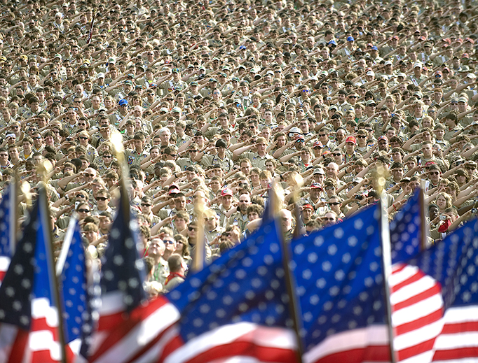 More than 45,000 Boy Scouts salute during the singing of the national anthem as part of the Boy Scouts of America 2010 National Scout Jamboree on Fort AP Hill, Va., July 28, 2010.