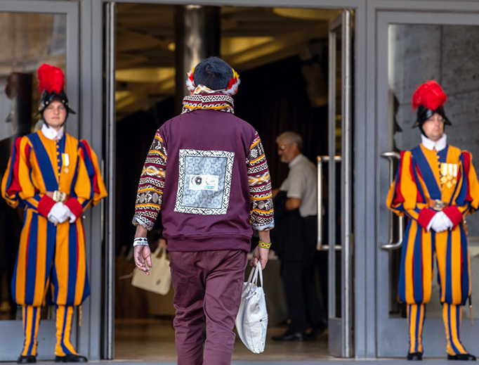 José Gregorio Dìaz Mirabal, Coordinator of the Congress of Indigenous Organizations of the Amazon Basin (COICA), arrives at the entrance of the Vatican's Synod Hall, Oct. 9, 2019.