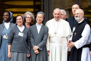 Pope Francis spends time with religious sisters and brothers Oct. 16, 2018. 