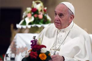 Pope Francis speaks as he meets with clergy at St Peter’s Cathedral in the Moroccan capital Rabat on March 31, 2019, on the second day of his two-day visit to Morocco.
