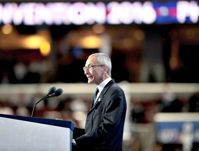 John Podesta, chairman of the Hillary Clinton presidential campaign, delivers a speech on the first day of the Democratic National Convention at the Wells Fargo Center, July 25 in Philadelphia, Pennsylvania. 