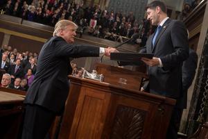 Speaker Paul Ryan (r), shakes hands with President Donald Trump Feb. 28 before Trump's address to a joint session of Congress.
