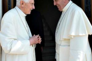 Pope Francis meets with Pope Emeritus Benedict XVI at the Monastery of Mater Ecclesiae in Vatican City on June 30.
