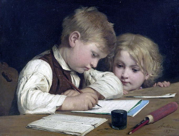 Albert Anker, “Schreibender Knabe mit Schwesterchen” (1875)