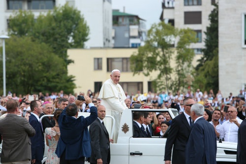 Pope Francis greets crowds in Tirana, Albania, on Sept. 21.