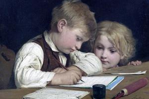 Albert Anker, “Schreibender Knabe mit Schwesterchen” (1875)