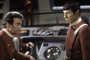 William Shatner (l) and Leonard Nimoy appear in Star Trek: The Wrath of Khan (1982). 