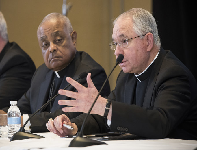 Archbishop Jose Gomez of Los Angeles (shown with Atlanta Archbishop Wilton Gregory) was voted vice president of the bishops' conference.