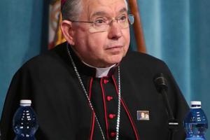 Archbishop Jose Gomez speaks at the Pontifical North American College in Rome on May 2. 