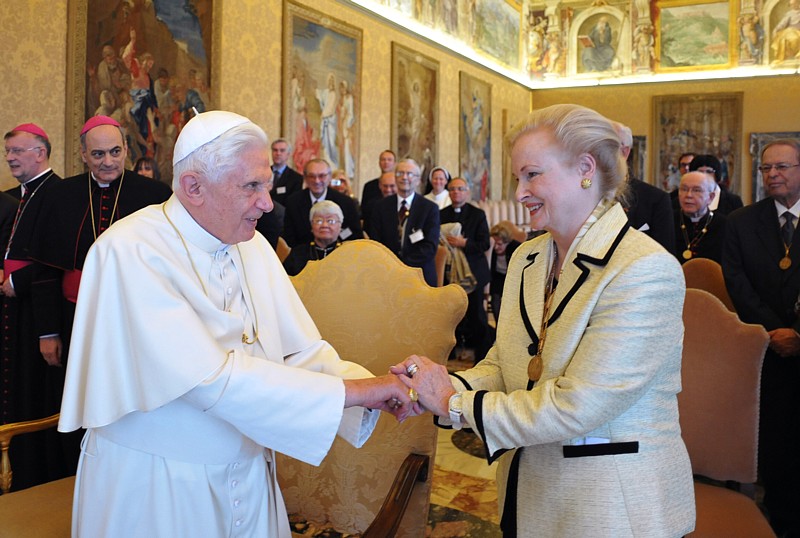 Pope Benedict XVI meets Mary Ann Glendon, the former U.S. ambassador to the Vatican and now president of Vatican's Pontifical Academy of Social Sciences, during a meeting with participants in a plenary session of the academy at the Vatican April 30.