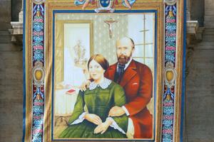 The canonization portrait of Louis and Zélie Martin, parents of St. Thérèse of Lisieux, in St. Peter's Square, on Oct. 16. 