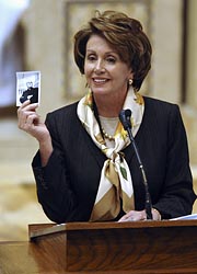 Nancy Pelosi delivers a eulogy during a Feb. 2007 funeral Mass for Father Robert Drinan.