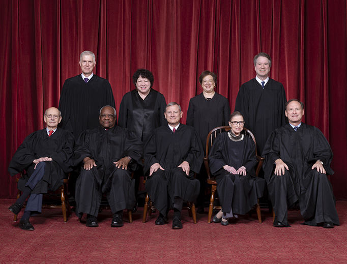 Front row, left to right: Associate Justice Stephen G. Breyer, Associate Justice Clarence Thomas, Chief Justice John G. Roberts, Jr., Associate Justice Ruth Bader Ginsburg, Associate Justice Samuel A. Alito. Back row: Associate Justice Neil M. Gorsuch, Associate Justice Sonia Sotomayor, Associate Justice Elena Kagan, Associate Justice Brett M. Kavanaugh.