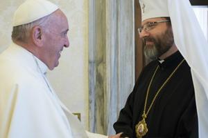 Pope Francis greets Major Archbishop Sviatoslav Shevchuk of the Ukrainian Greek-Catholic Church at the Vatican on March 5.