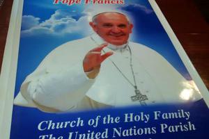 This banner will be hung in New York City's Holy Family Church, which is located adjacent to the United Nations, in honor of Pope Francis's visit.