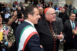 New York Gov. Andrew Cuomo and New York Cardinal Timothy Dolan and participants march down Fifth Avenue Oct. 8, 2018, in New York during the 74th-annual Columbus Day Parade. 

