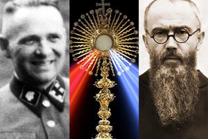 LEFT: Rudolf Höss in 1944. Photo by Karl-Friedrich Höcker, via Wikimedia Commons. CENTER: Image by David Eucaristía/CC0/Pixabay. RIGHT: Maximilian Kolbe in 1936, via Wikimedia Commons.