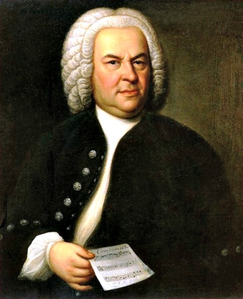 Johann Sebastian Bach (aged 61) in a portrait by Elias Gottlob Haussmann, copy or second version of his 1746 canvas.