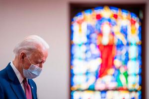 Former vice president and Democratic presidential candidate Joe Biden meets with clergy members and community activists during a visit to Bethel AME Church in Wilmington, Delaware on June 1, 2020. 