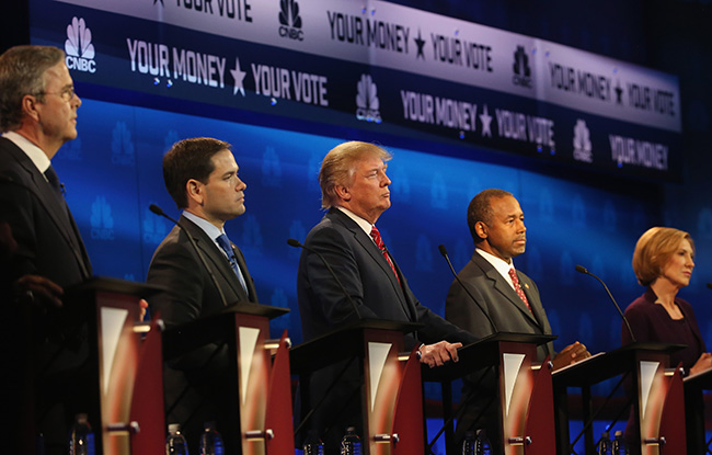 Presidential candidates Jeb Bush (L-R), Marco Rubio (R-FL), Donald Trump, Ben Carson, and Carly Fiorina look on during the CNBC Republican Presidential Debate at University of Colorados Coors Events Center October 28, 2015 in Boulder, Colorado. Fourteen Republican presidential candidates are participating in the third set of Republican presidential debates.