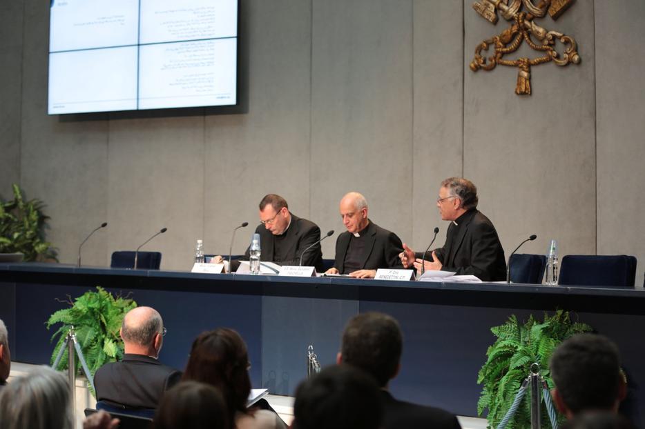 Archbishop Rino Fisichella and Msgr. Graham Bell of the Pontifical Council for the New Evangelization share with reporters the latest on the Extraordinary Jubilee. Vatican, Jan. 29, 2016. 