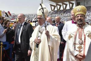 Pope Francis celebrates Mass at Air Defense Stadium in Cairo on April 29.