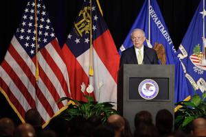 Attorney General Jeff Sessions said last month, ‘Under this administration, religious Americans will be treated neither as an afterthought nor as a problem to be managed.’ He is shown speaking at the National Law Enforcement Training on Child Exploitation in Atlanta June 6. 