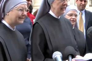 Mother Loraine Marie Maguire, mother provincial of the Little Sisters of the Poor, addresses the press after her appearance in appeals court on Dec. 8. 