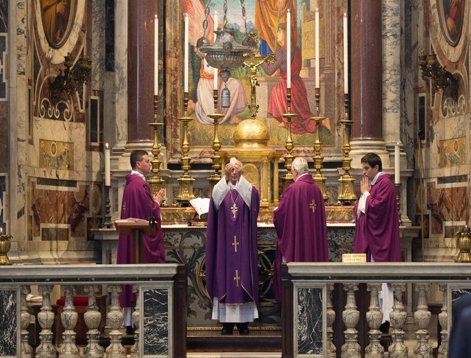 Memorial Mass in remembrance of Mother Angelica, foundress of EWTN, on the one-year anniversary of her death at the altar of St. Joseph in St. Peter's Basilica. Archbishop Rino Fisichella, president of the Pontifical Council for the Promotion of the New Evangelization, presided during the Mass; and his secretary, Father Francesco Spinelli; ex-Vatican spokesman Father Federico Lombardi and Diocese of Birmingham, Alabama, priest and official of the Congregation for Clergy Father Kevin Bazzel concelebrated. 