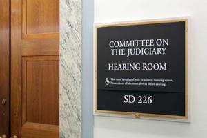 A sign at the entrance to a Senate Judiciary Committee hearing room in Washington, D.C. 